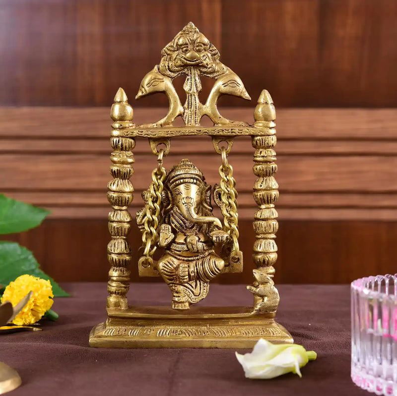 Brass Sitting Ganesha On Swing/Jhula (7.5 Inch) Vedansh Craft