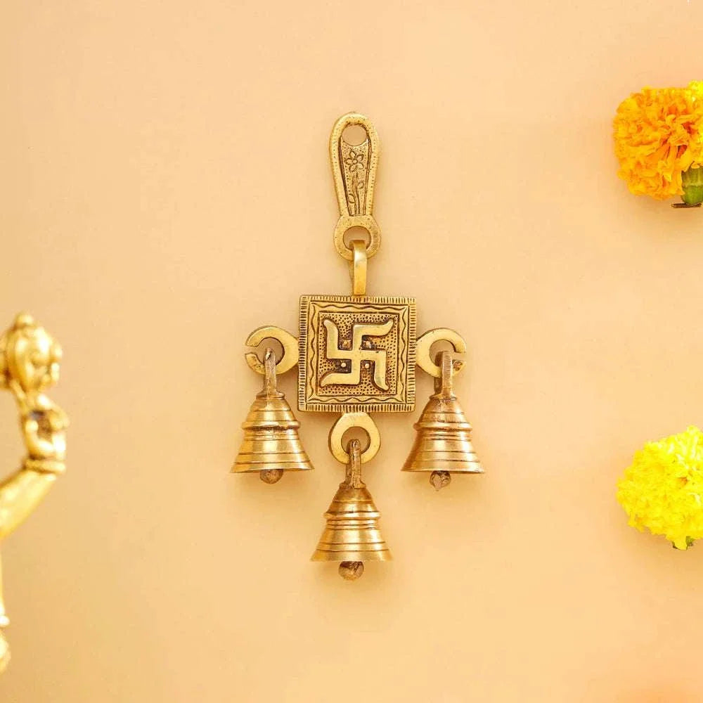 Brass Swastik Wall Hanging Bell (6.5 Inch) Vedansh Craft
