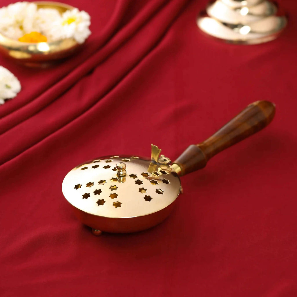 Brass Incense Butler With Wooden Handle (2.5 Inch) Vedansh Craft