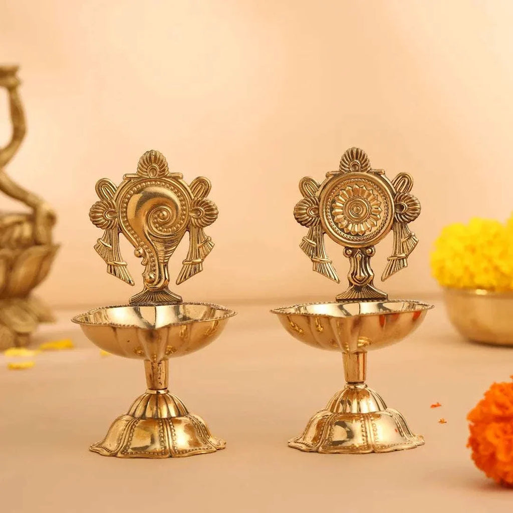 Brass Shankh Chakra Diya Set ( 4.5 Inch) Vedansh Craft