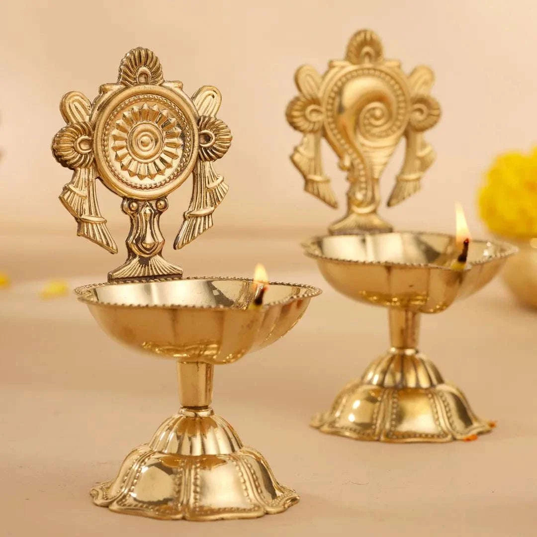 Brass Shankh Chakra Diya Set ( 4.5 Inch) Vedansh Craft