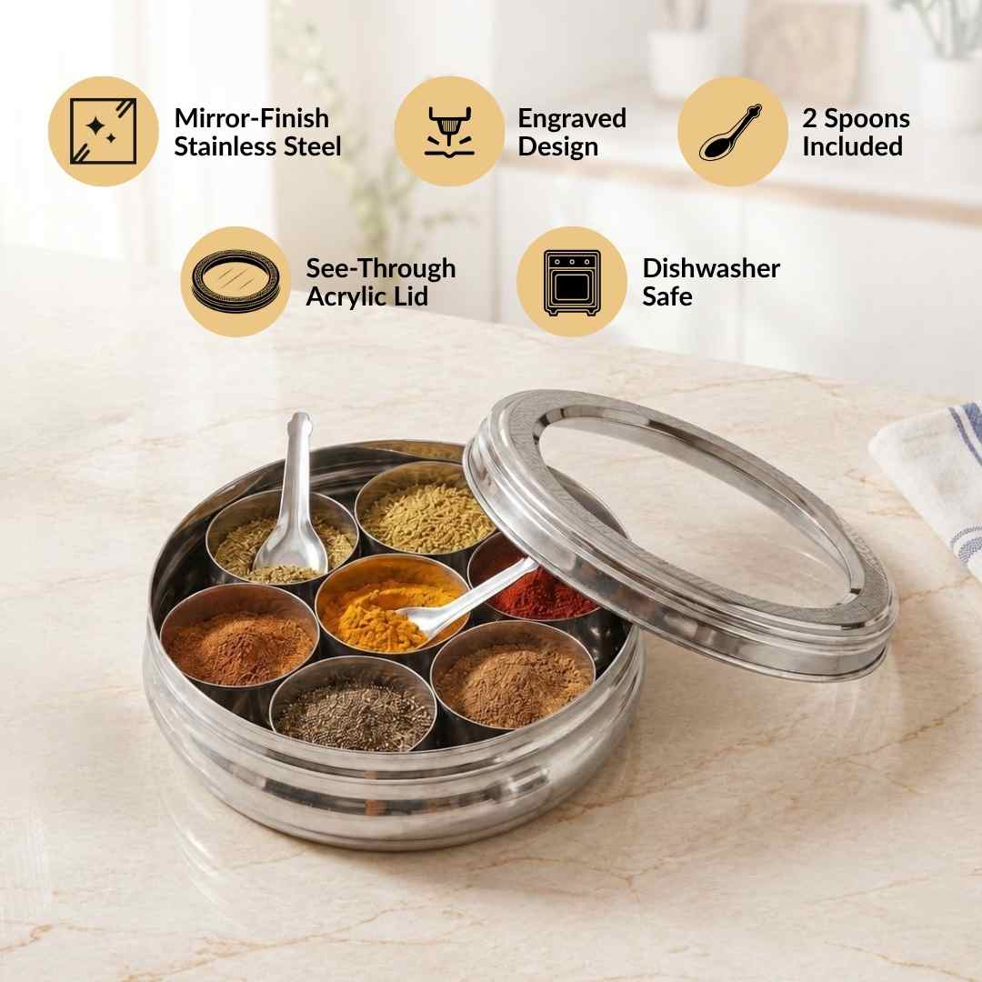 Engraved Stainless Steel Spice Box 7 Section Nestasia