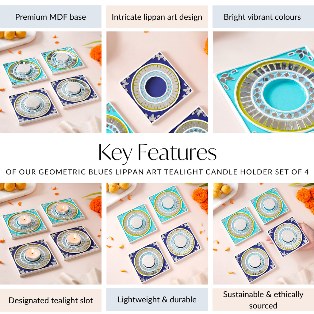 Geometric Blues Lippan Art Tealight Candle Holder Set Of 4 Nestasia