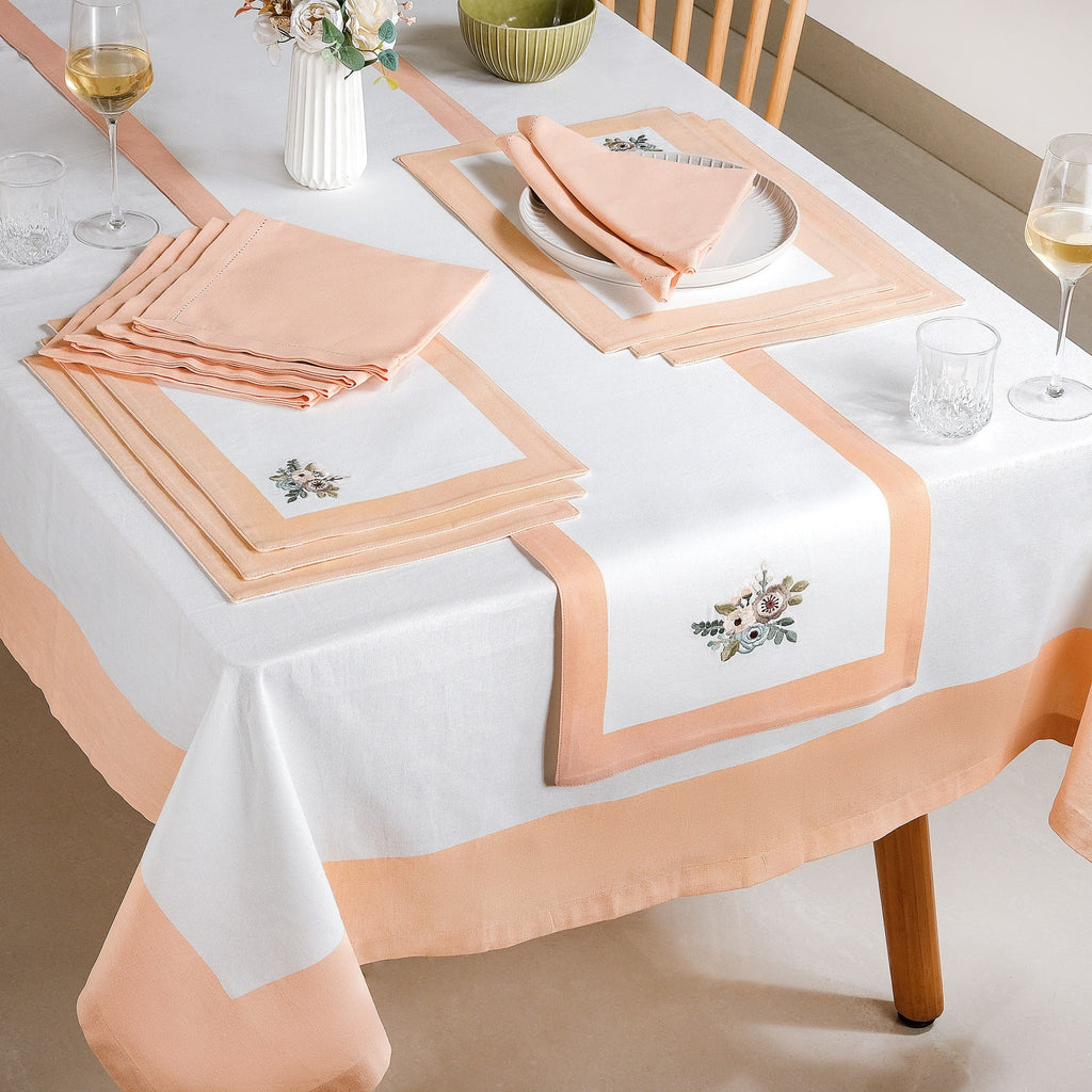 Ventosa Complete Table Linen Set With Mats Napkins Runner And Table Cloth In Peach Nestasia