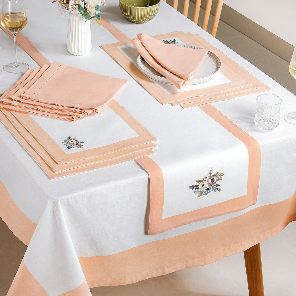 Ventosa Complete Table Linen Set With Mats Napkins Runner And Table Cloth In Peach Nestasia