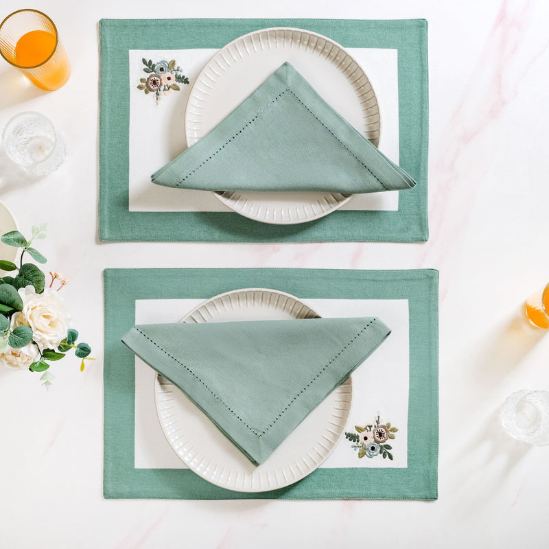 Ventosa Cotton Table Mat And Napkin Set Of 12 In Teal Nestasia