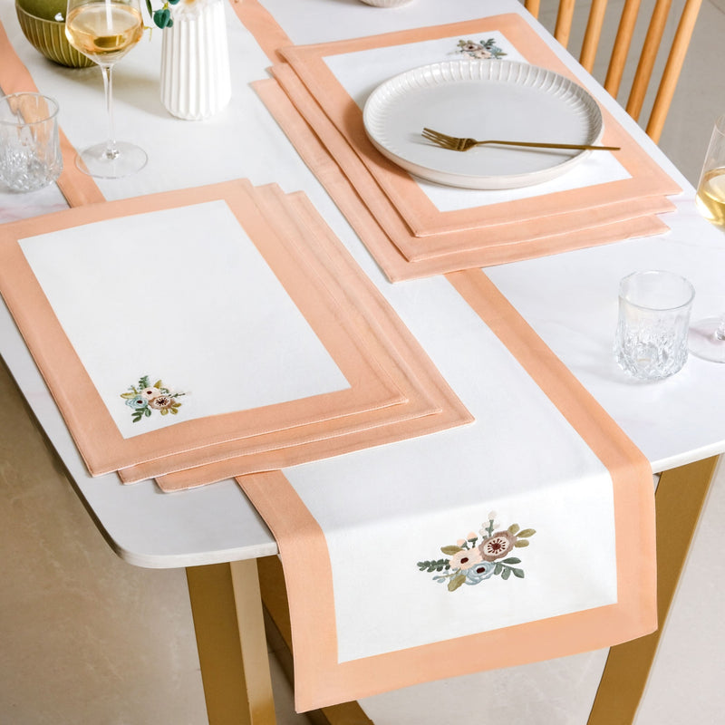 Ventosa Pure Cotton Table Runner And Placemat Set Of 7 In Peach Nestasia