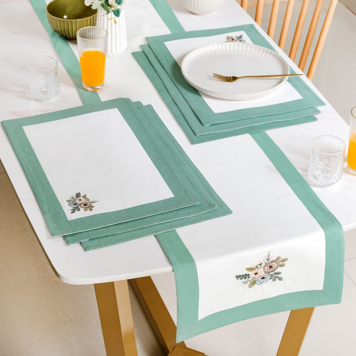 Ventosa Pure Cotton Table Runner And Placemat Set Of 7 In Teal Nestasia