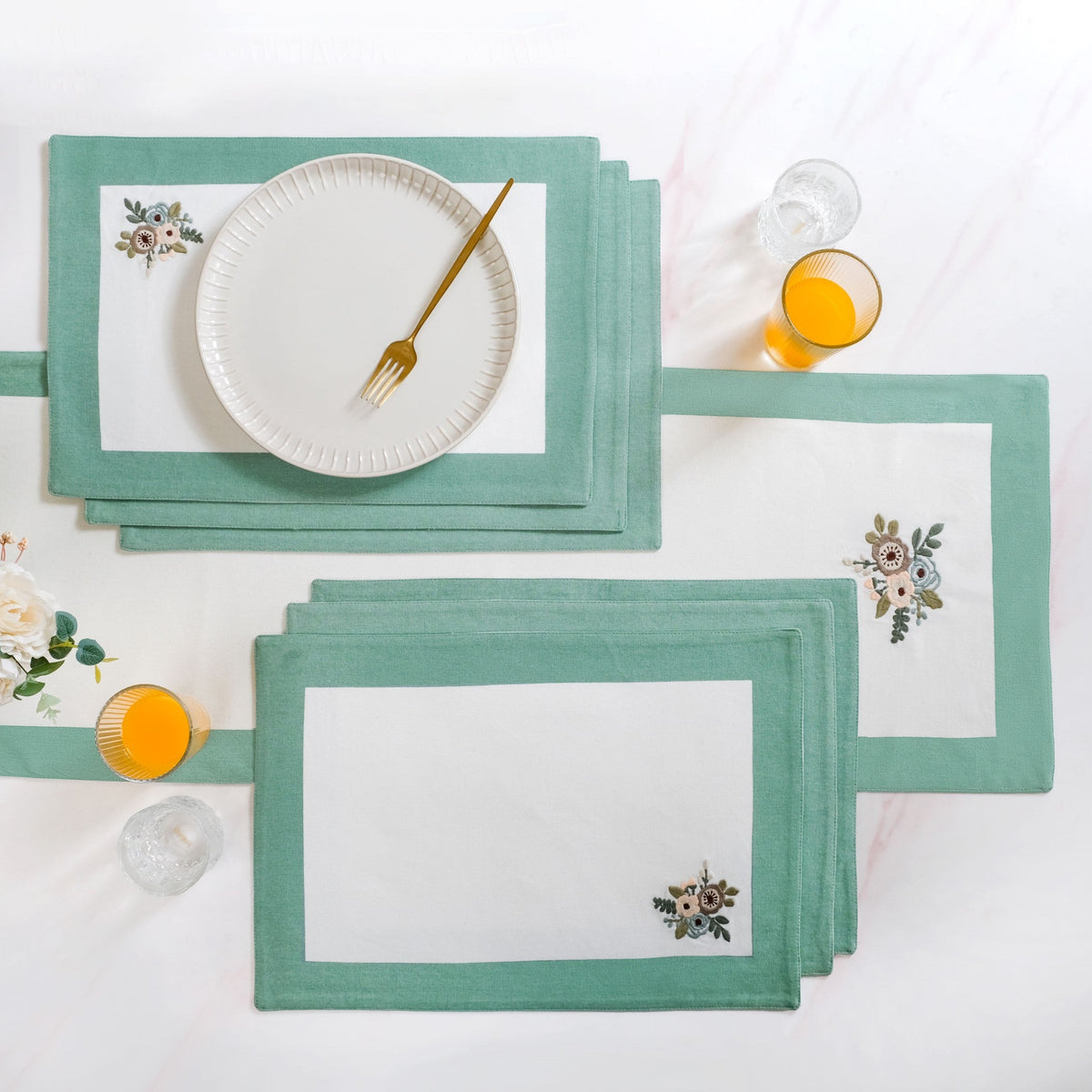 Ventosa Pure Cotton Table Runner And Placemat Set Of 7 In Teal Nestasia