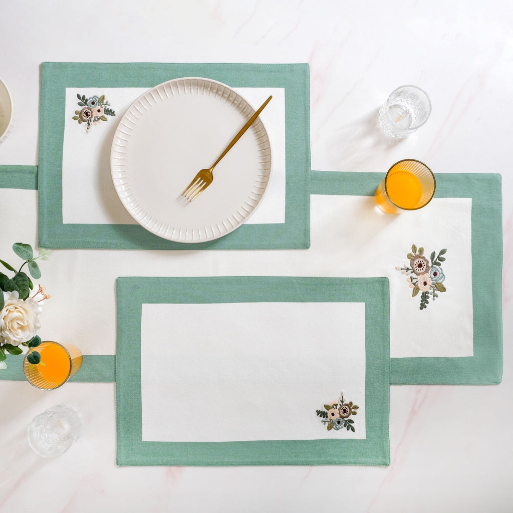 Ventosa Pure Cotton Table Runner And Placemat Set Of 7 In Teal Nestasia