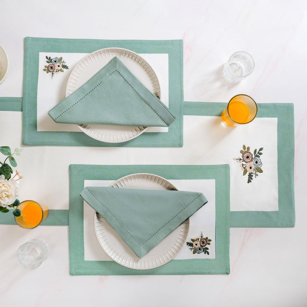 Ventosa Table Runner With Placemats And Napkins 13 Piece Set In Teal Nestasia