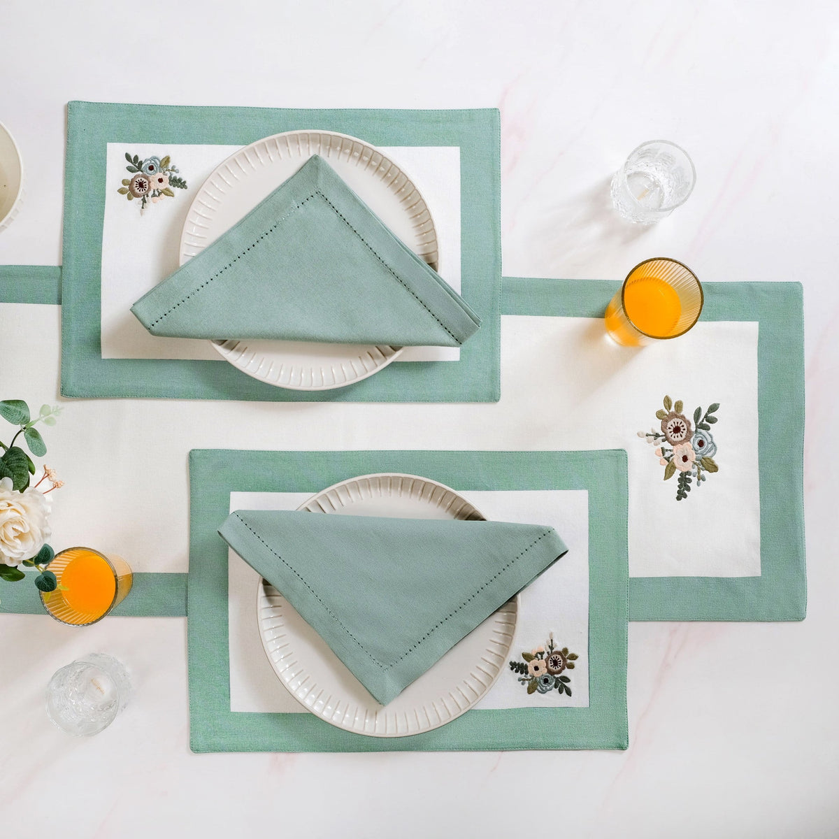 Ventosa Table Runner With Placemats And Napkins 13 Piece Set In Teal Nestasia