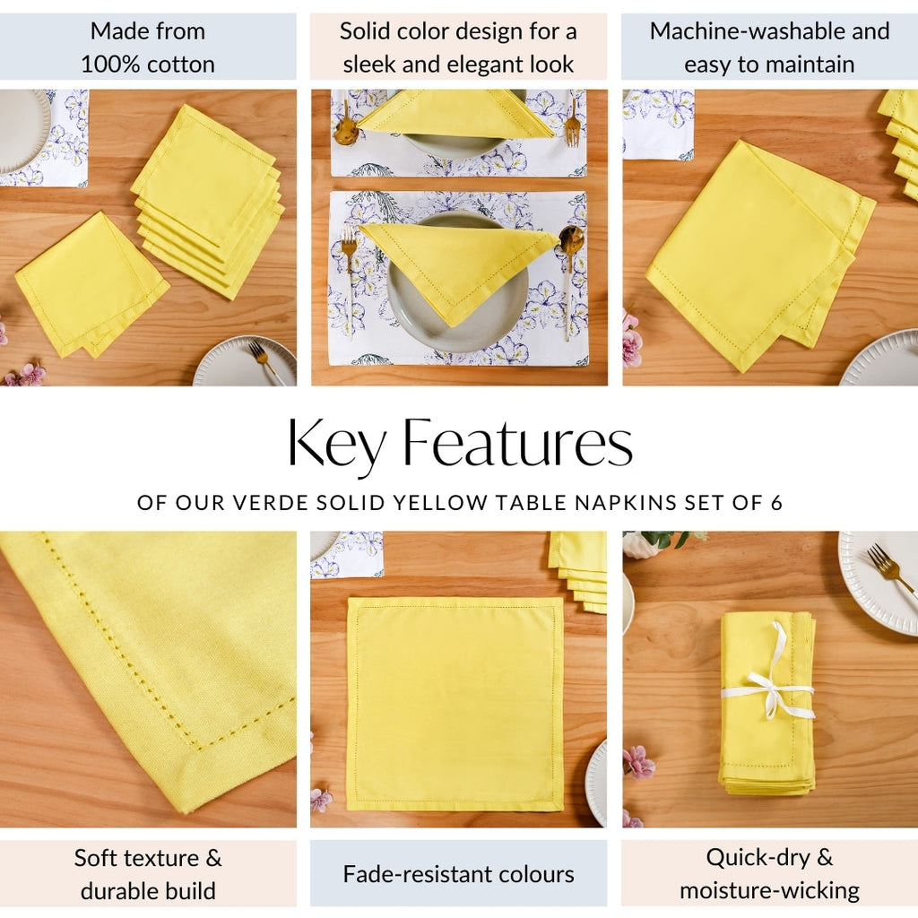 Verde Solid Yellow Table Napkins Set Of 6 Nestasia