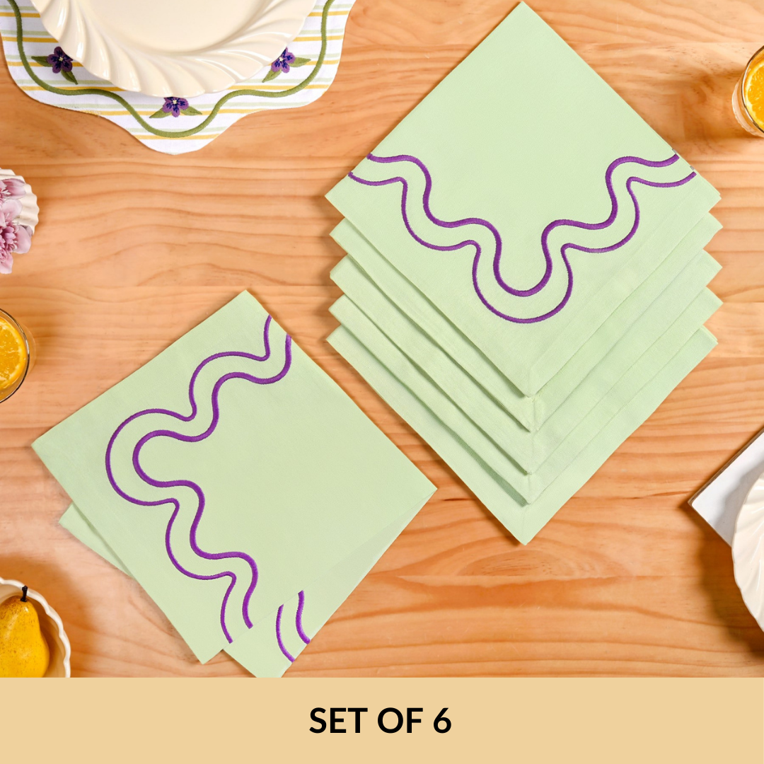 Violet Wave Embroidered Cotton Table Napkin Set Of 6 Nestasia