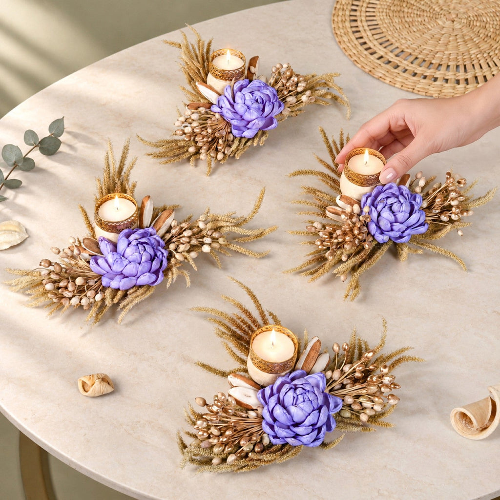 Violetta Organic Dried Flower Tealight Holder Lavender Set Of 4 Nestasia