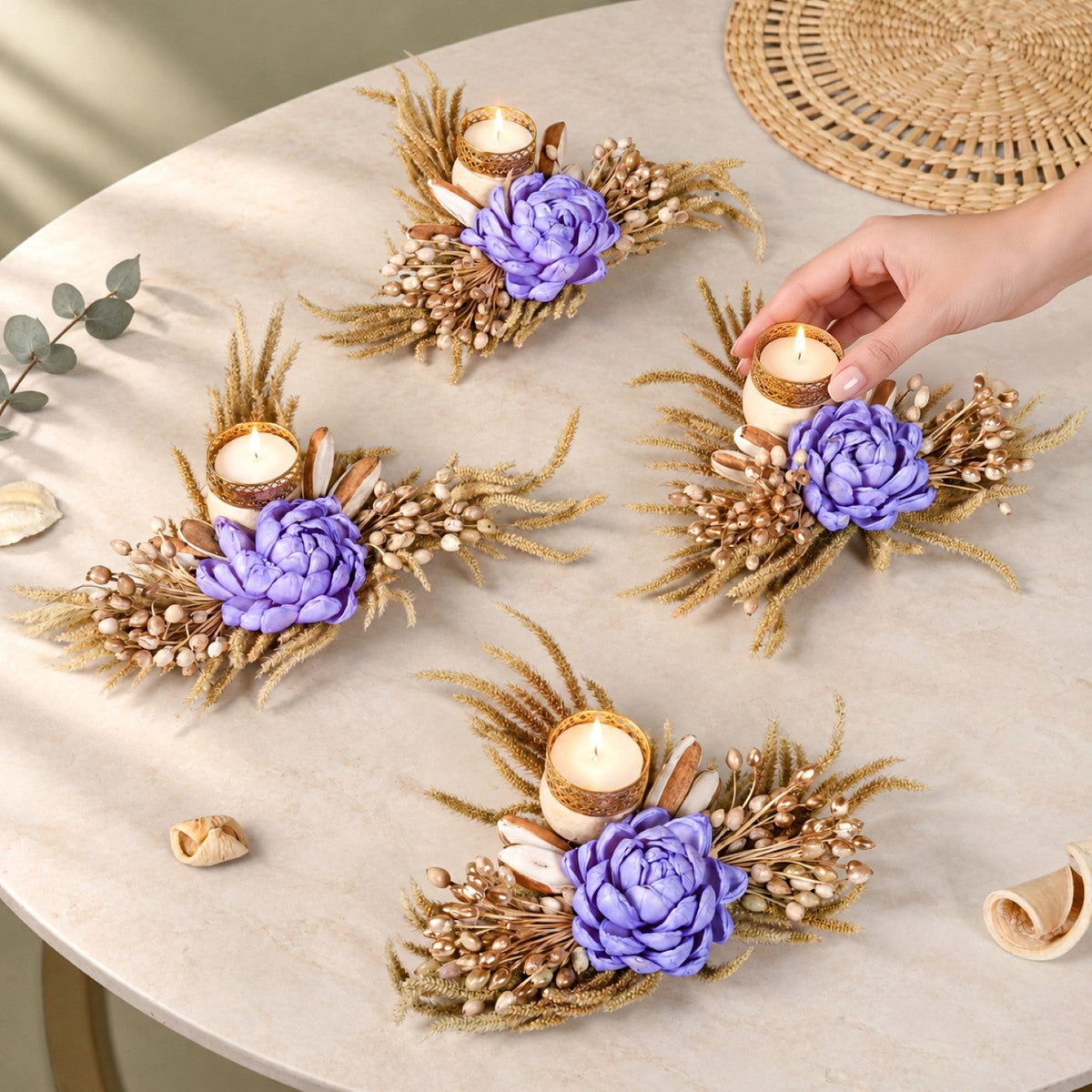 Violetta Organic Dried Flower Tealight Holder Lavender Set Of 4 Nestasia