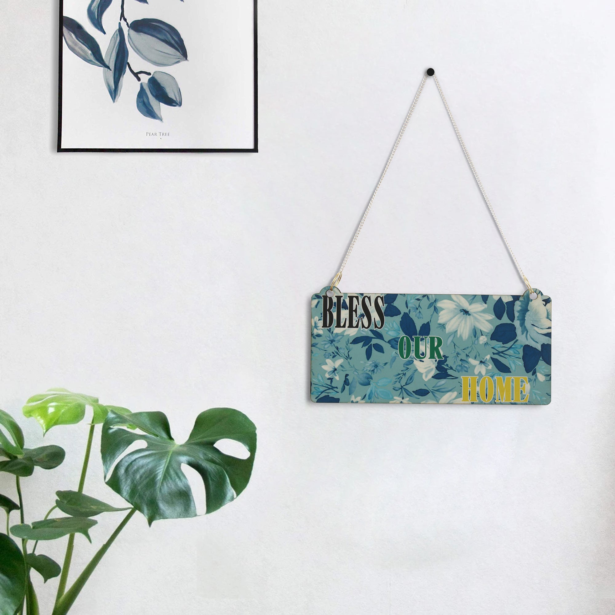 Wooden Ethnic Look Multicolor "Bless Our Home" Decorative Wall Hanging with Chain Kafalo