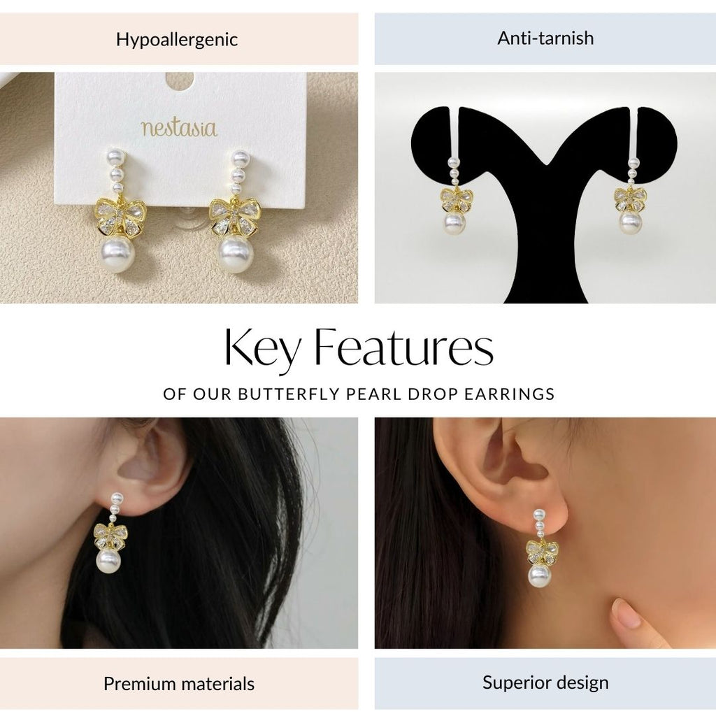 Butterfly Pearl Drop Earrings Nestasia