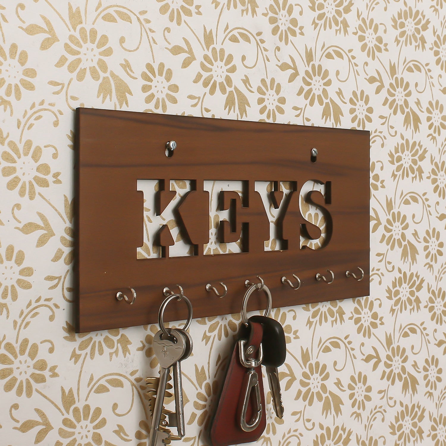 Brown Keys Theme Wooden Key Holder with 7 Hooks Kafalo