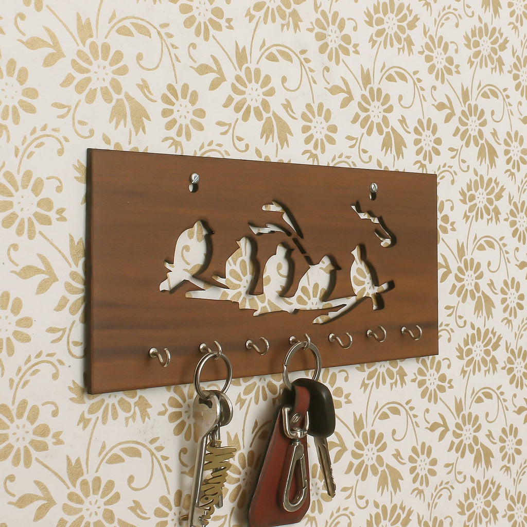 Brown Birds on Branches Theme Wooden Key Holder with 7 Hooks Kafalo
