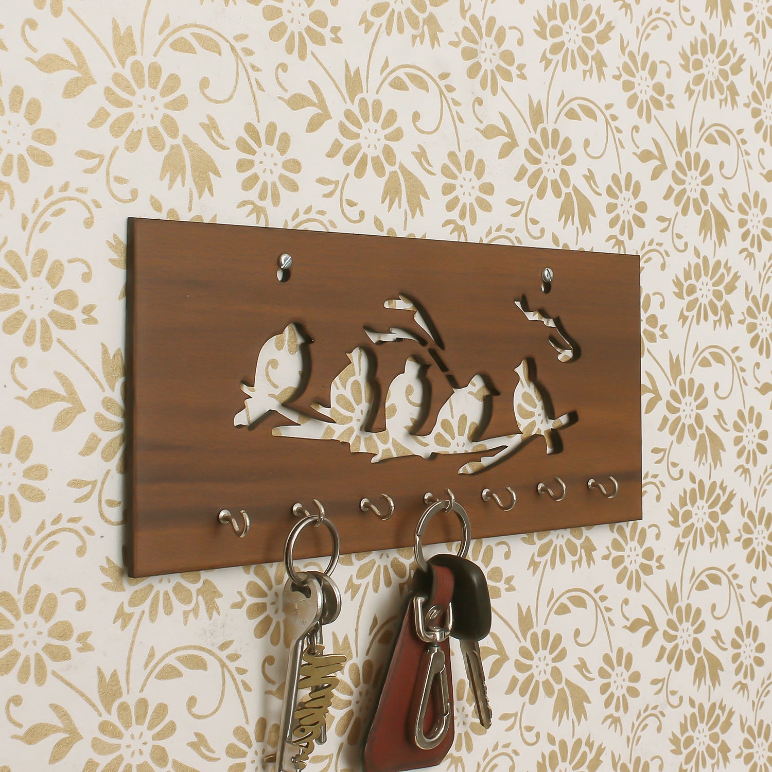 Brown Birds on Branches Theme Wooden Key Holder with 7 Hooks Kafalo