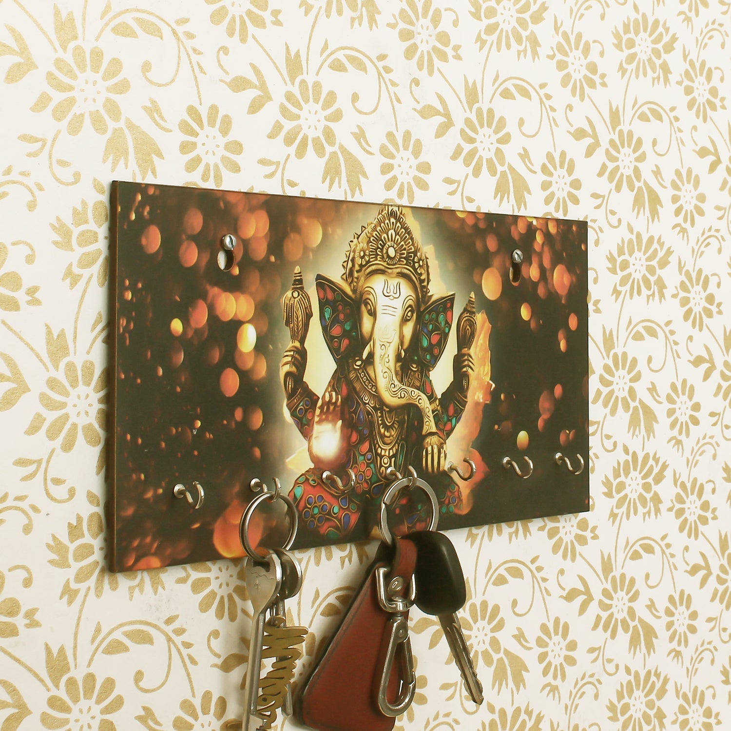 Multicolor Lord Ganesha Theme Wooden Key Holder with 7 Hooks Kafalo