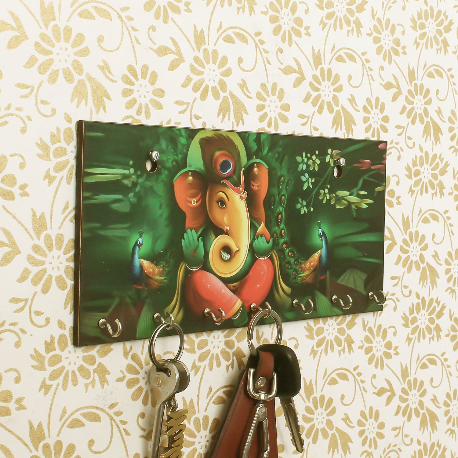 Multicoloured Lord Ganesha Theme Wooden Key Holder with 7 Hooks Kafalo