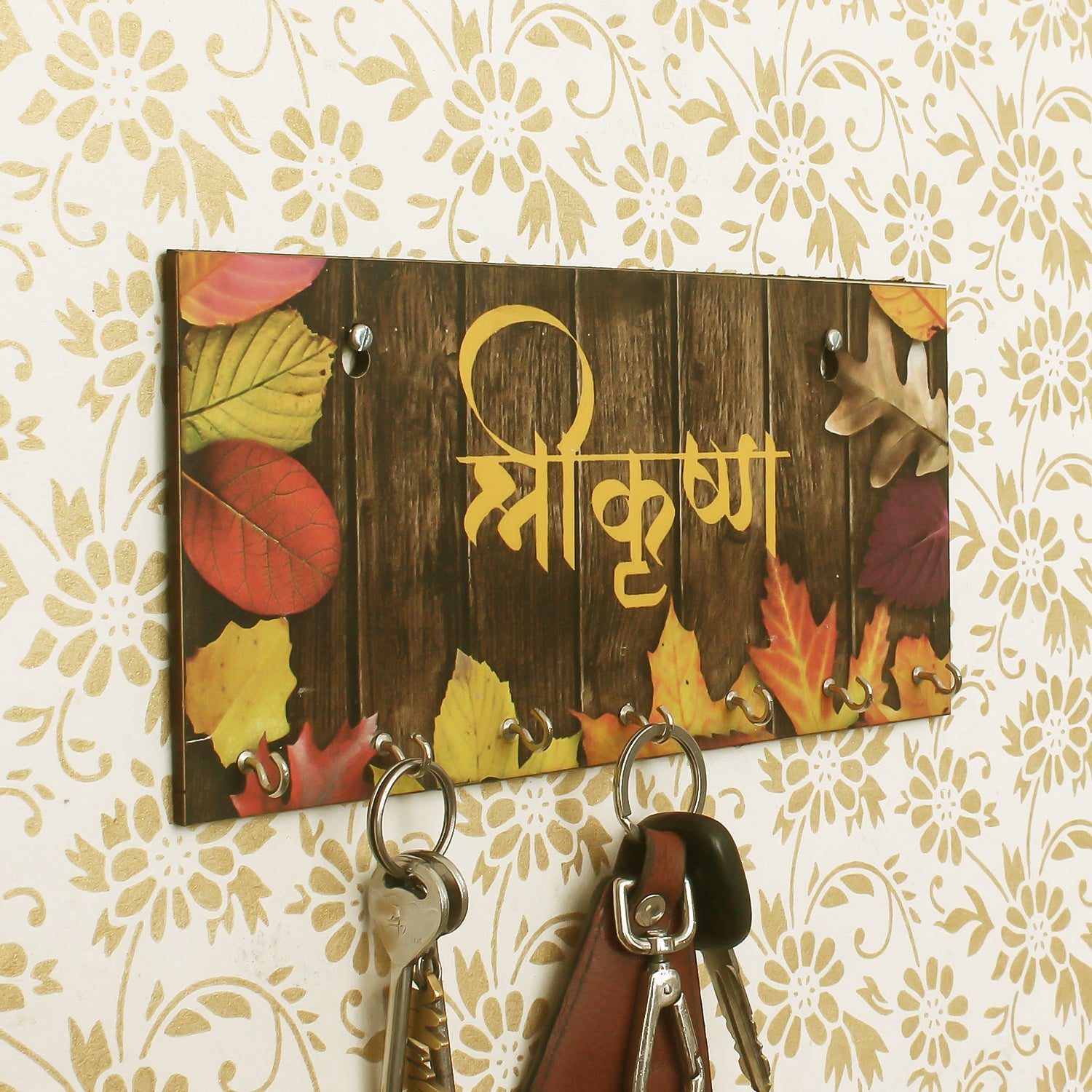 Brown Shree Krishna Theme Wooden Key Holder with 7 Hooks Kafalo