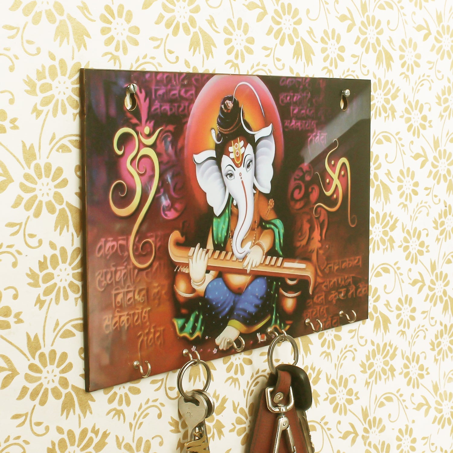 Multicolor Lord Ganesha Theme Wooden Key Holder with 6 Hooks Kafalo