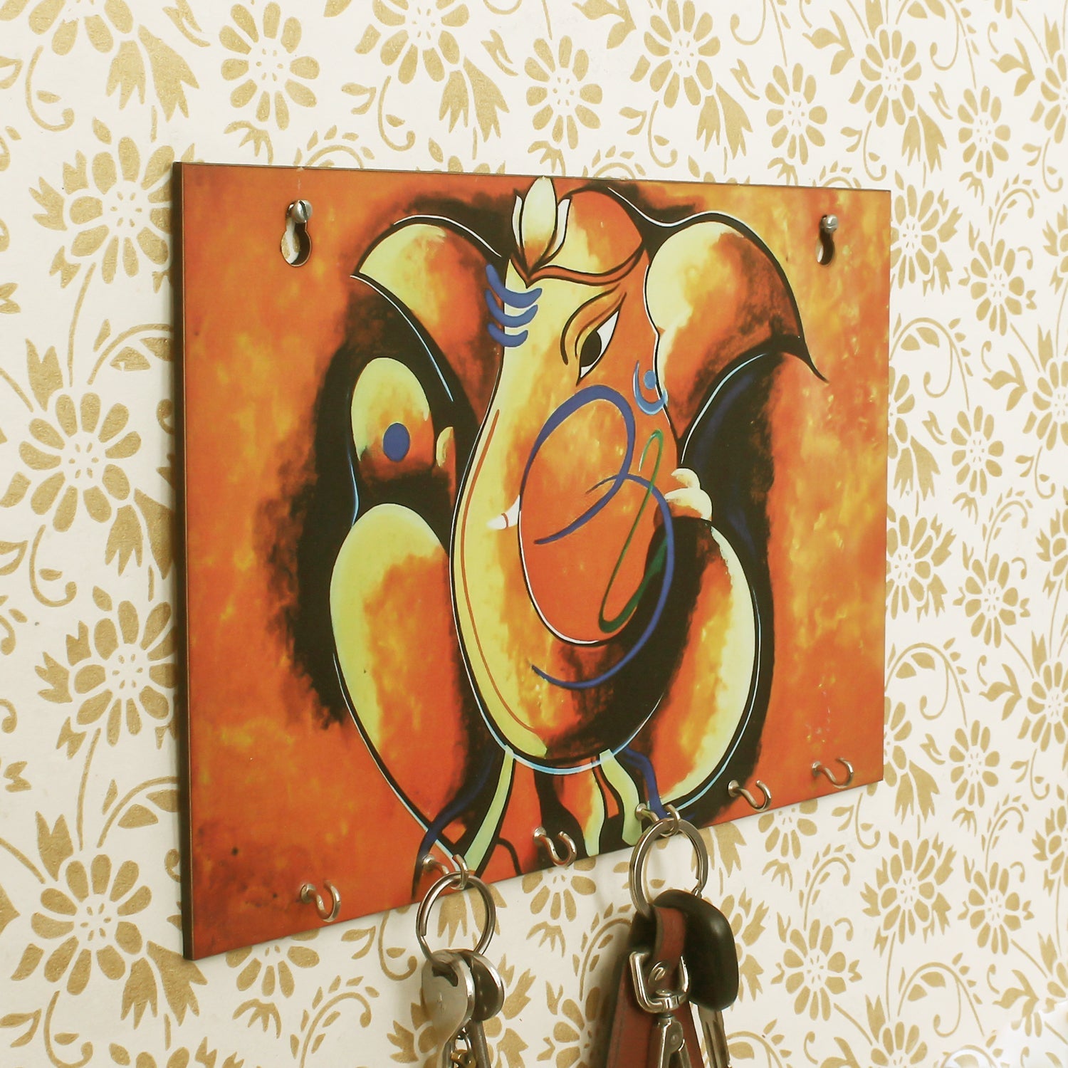 Lord Ganesha Theme Wooden Key Holder with 6 Hooks Kafalo