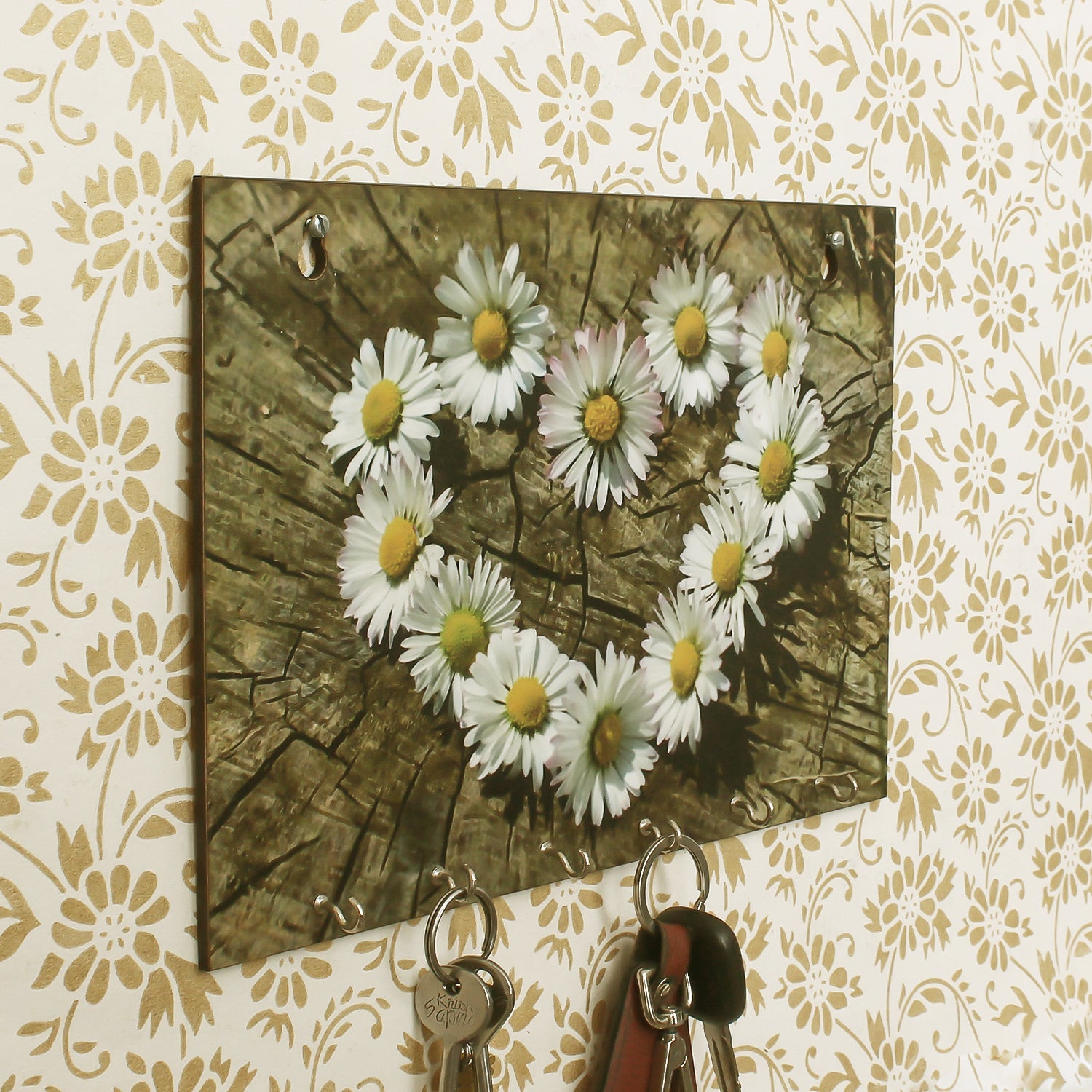 Floral Theme Wooden Key Holder with 6 Hooks Kafalo