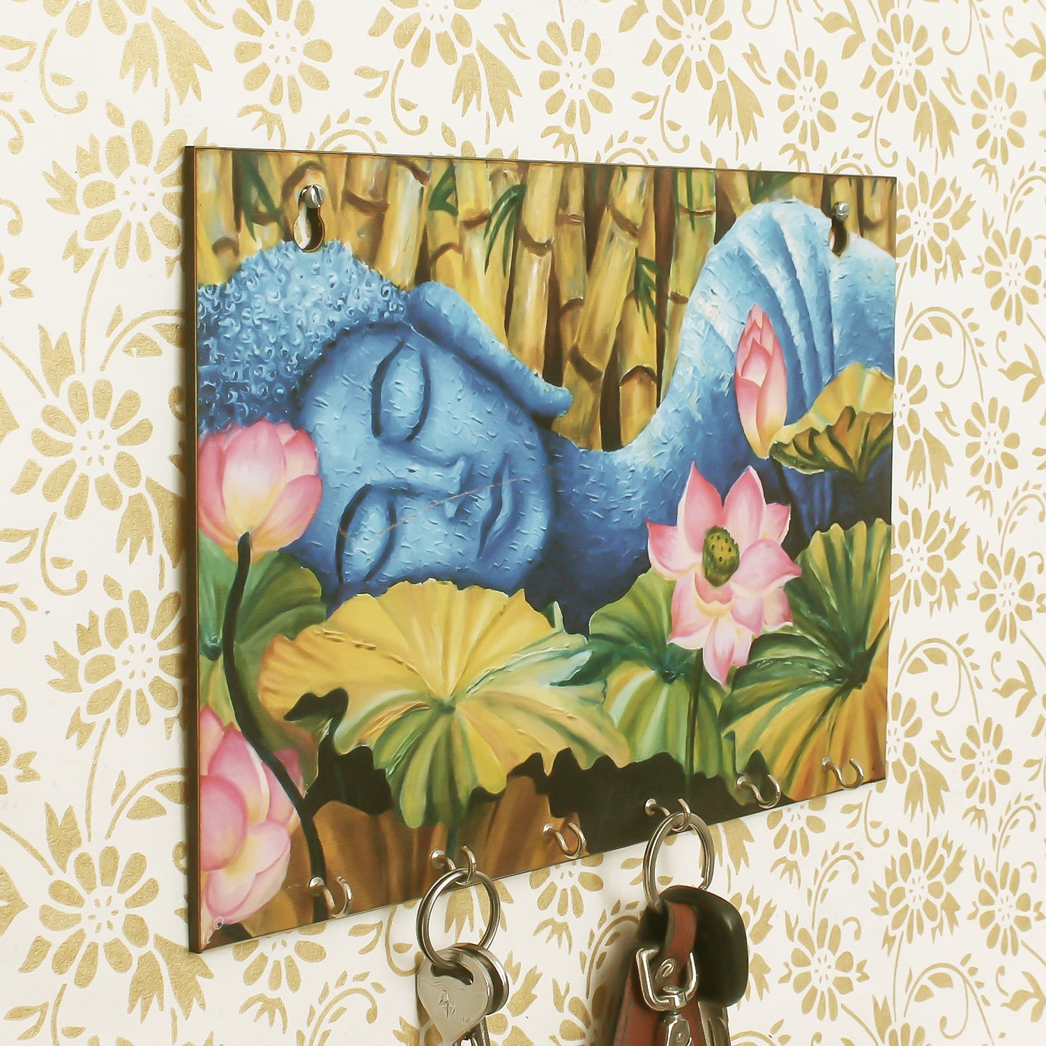 Lord Buddha Theme Wooden Key Holder with 6 Hooks Kafalo