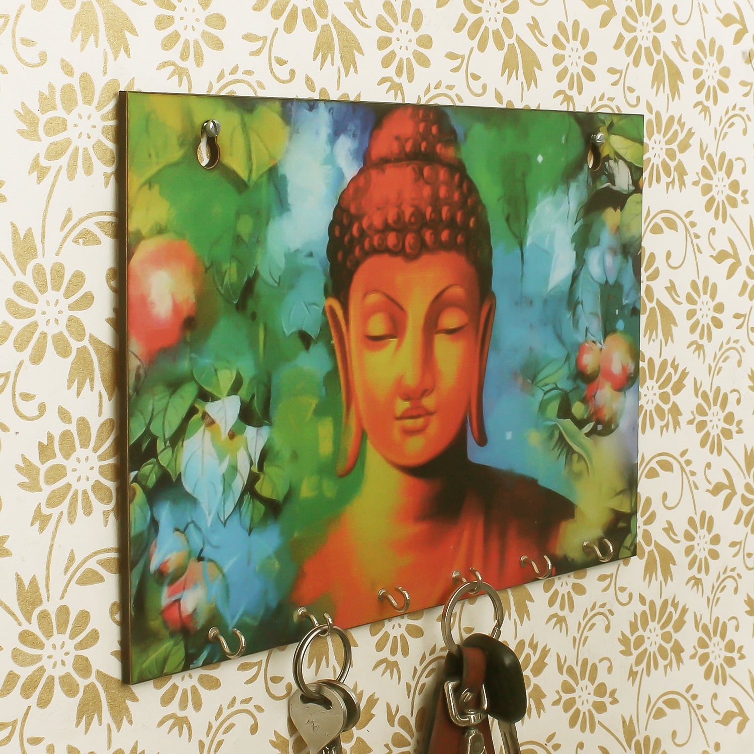 Lord Buddha Theme Wooden Key Holder With 6 Hooks Kafalo