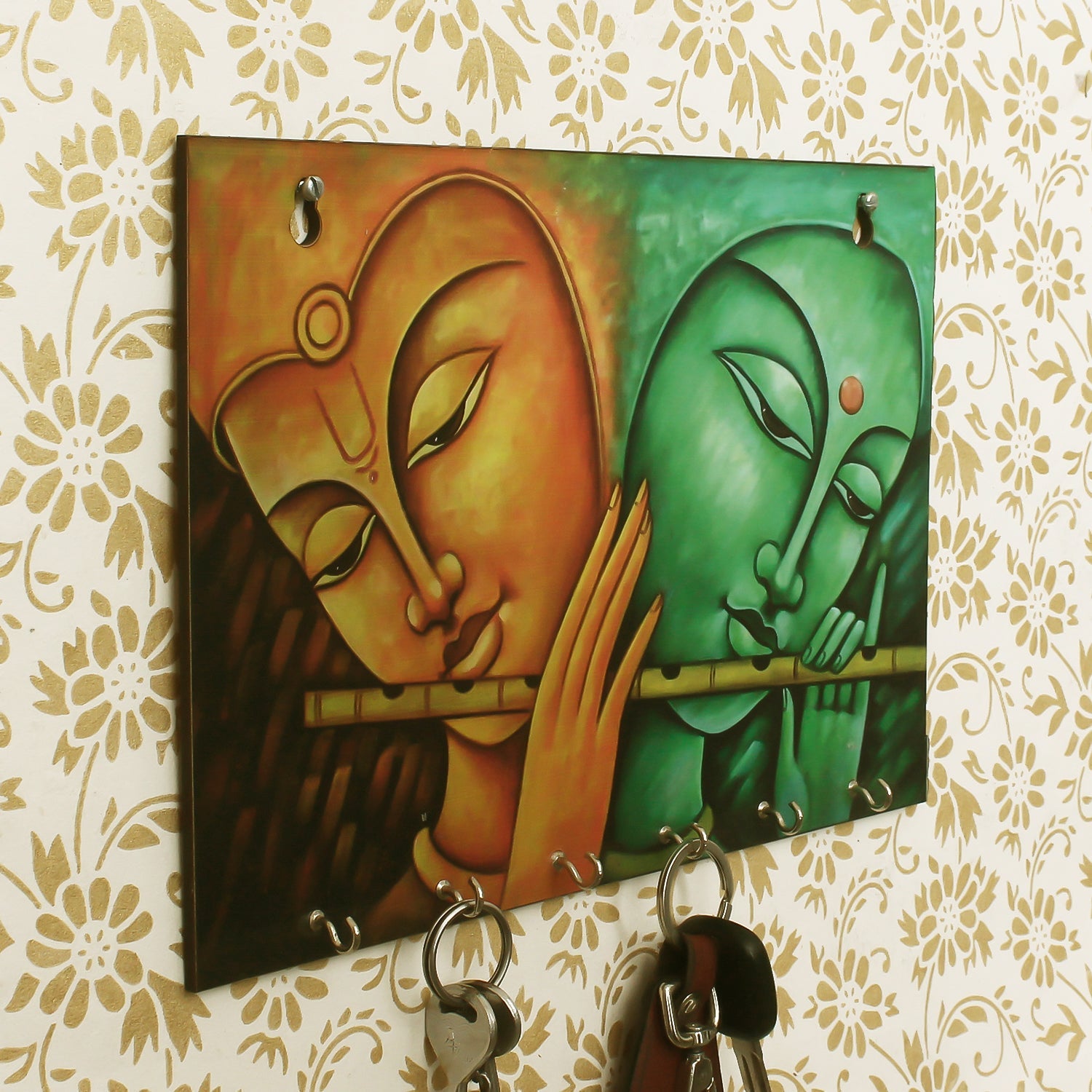 Radha Krishna Playing Flute Theme Wooden Key Holder with 6 Hooks Kafalo