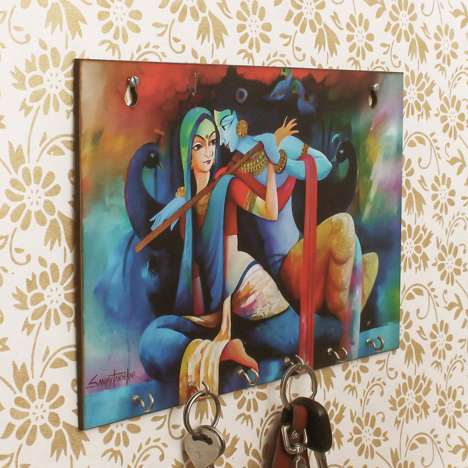 Romantic Radha Krishna Theme Wooden Key Holder With 6 Hooks Kafalo