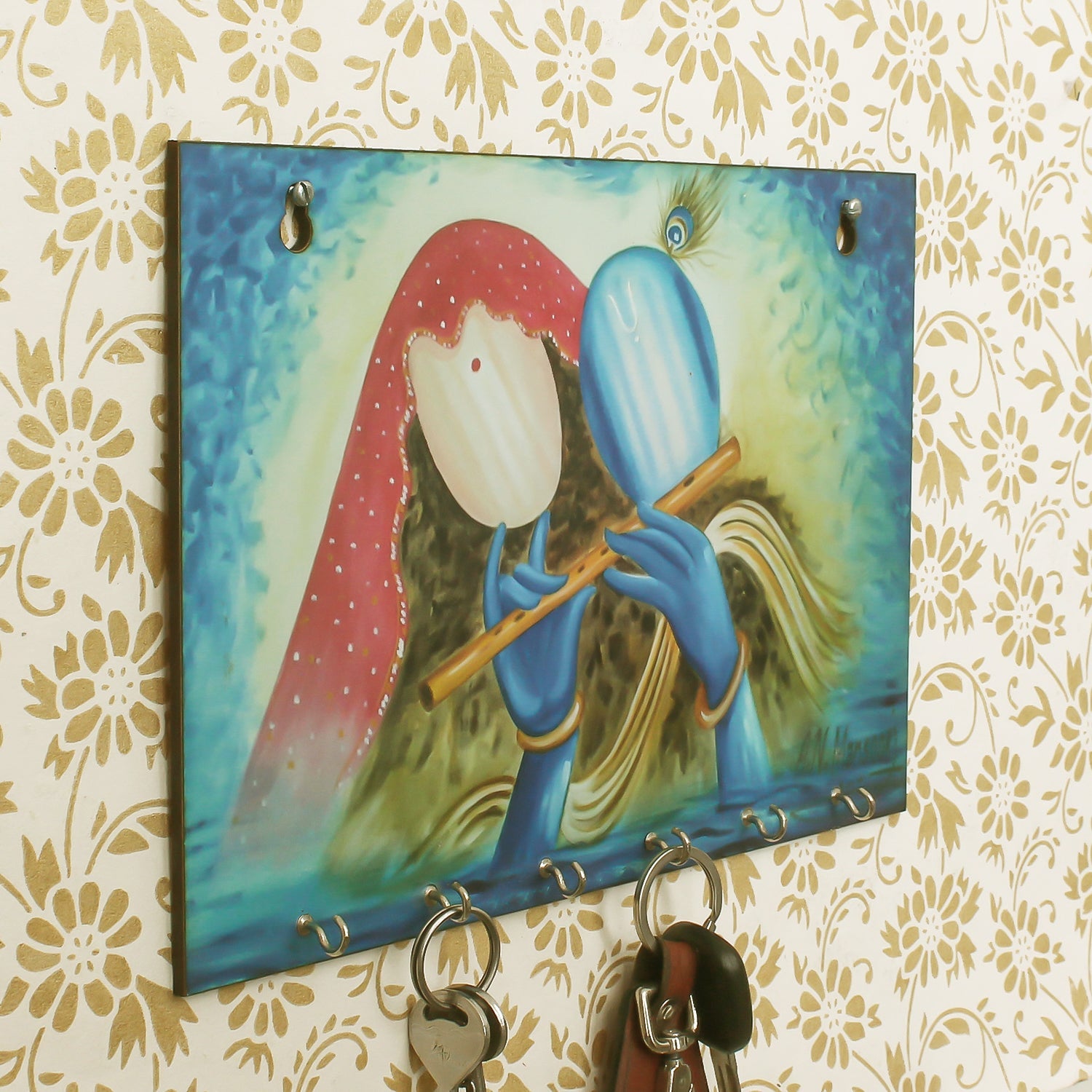 Radhe Krishna Theme Wooden Key Holder with 6 Hooks Kafalo