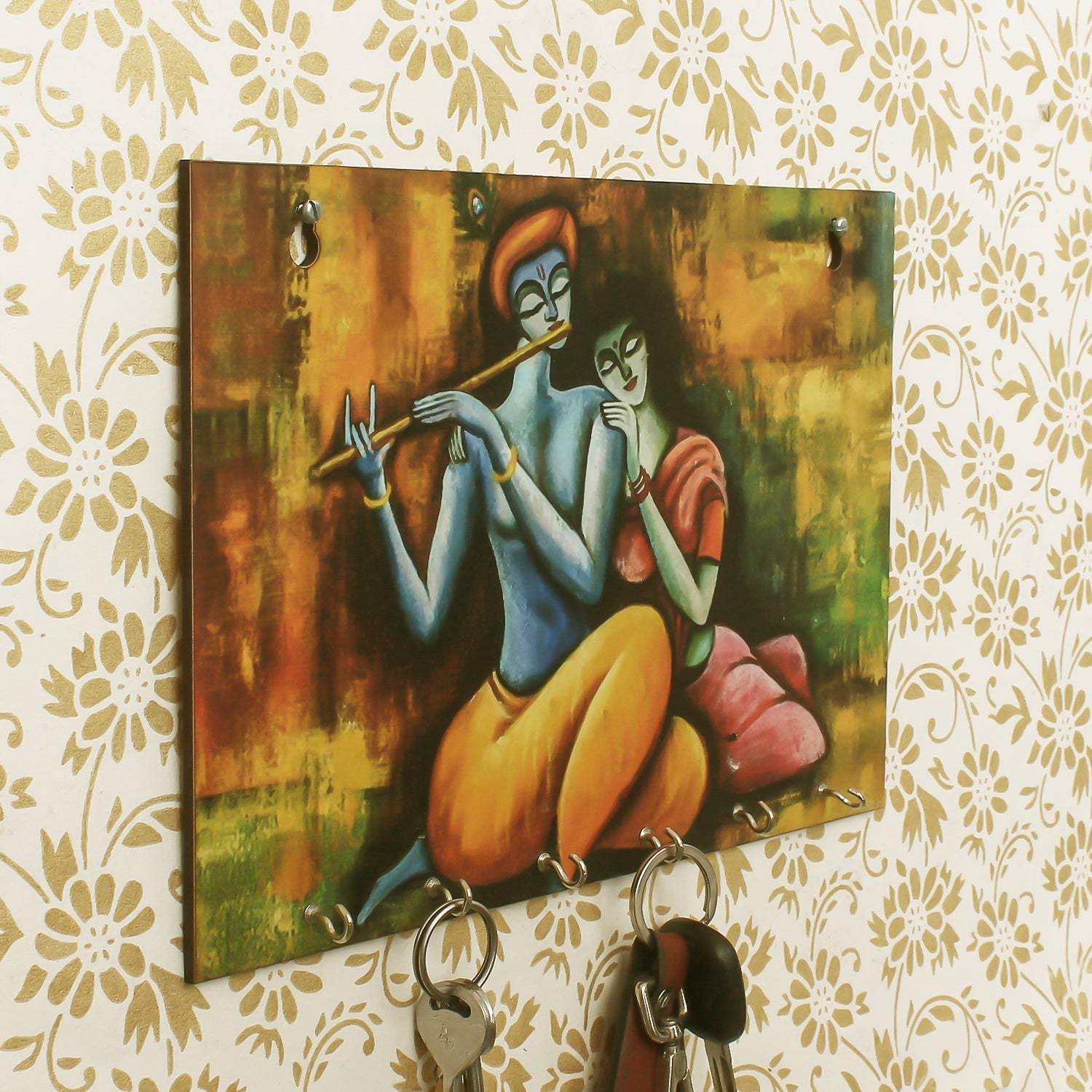 Radha Krishna Playing Flute/Bansuri Theme Wooden Key Holder with 6 Hooks Kafalo