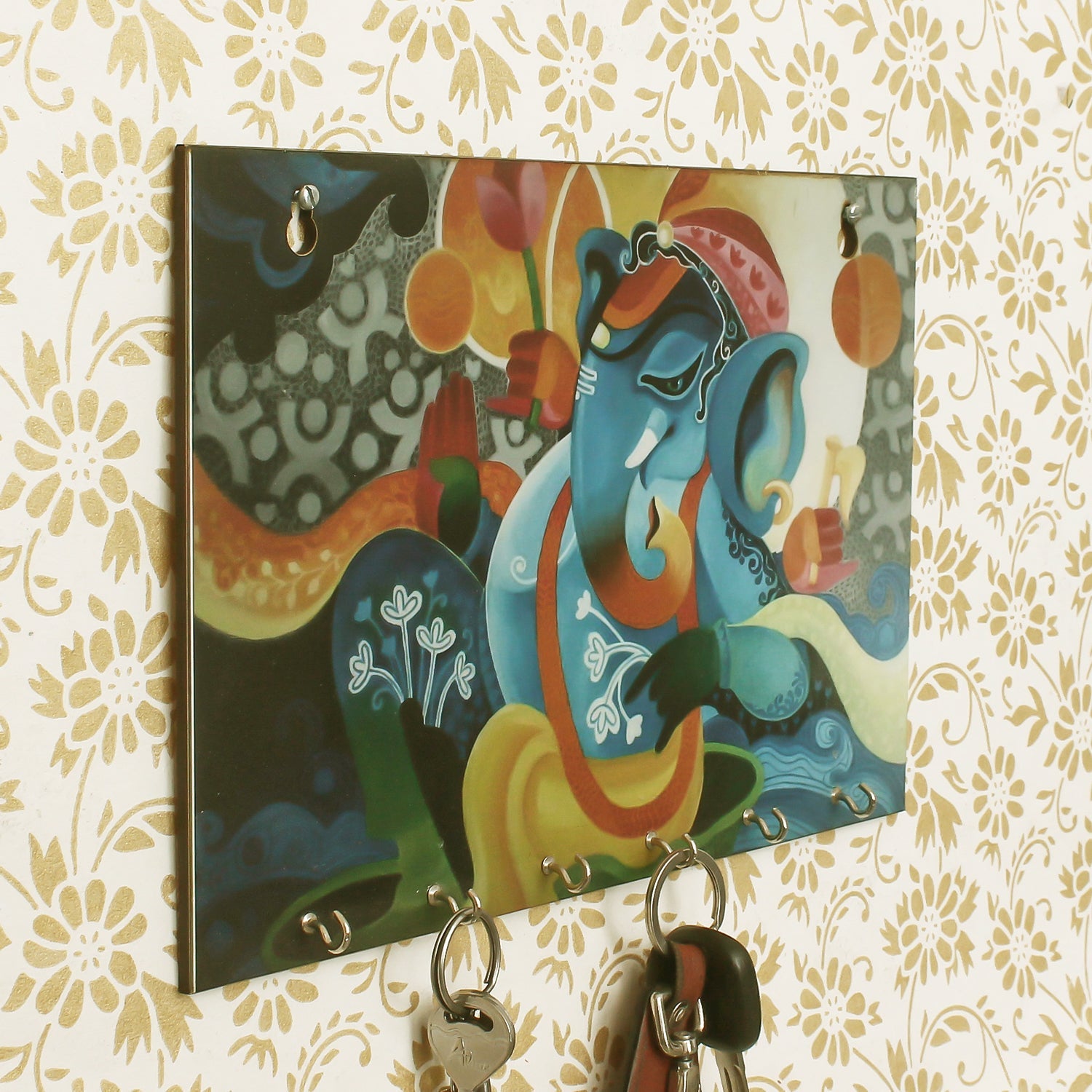 Lord Ganesha Theme Wooden Key Holder With 6 Hooks Kafalo