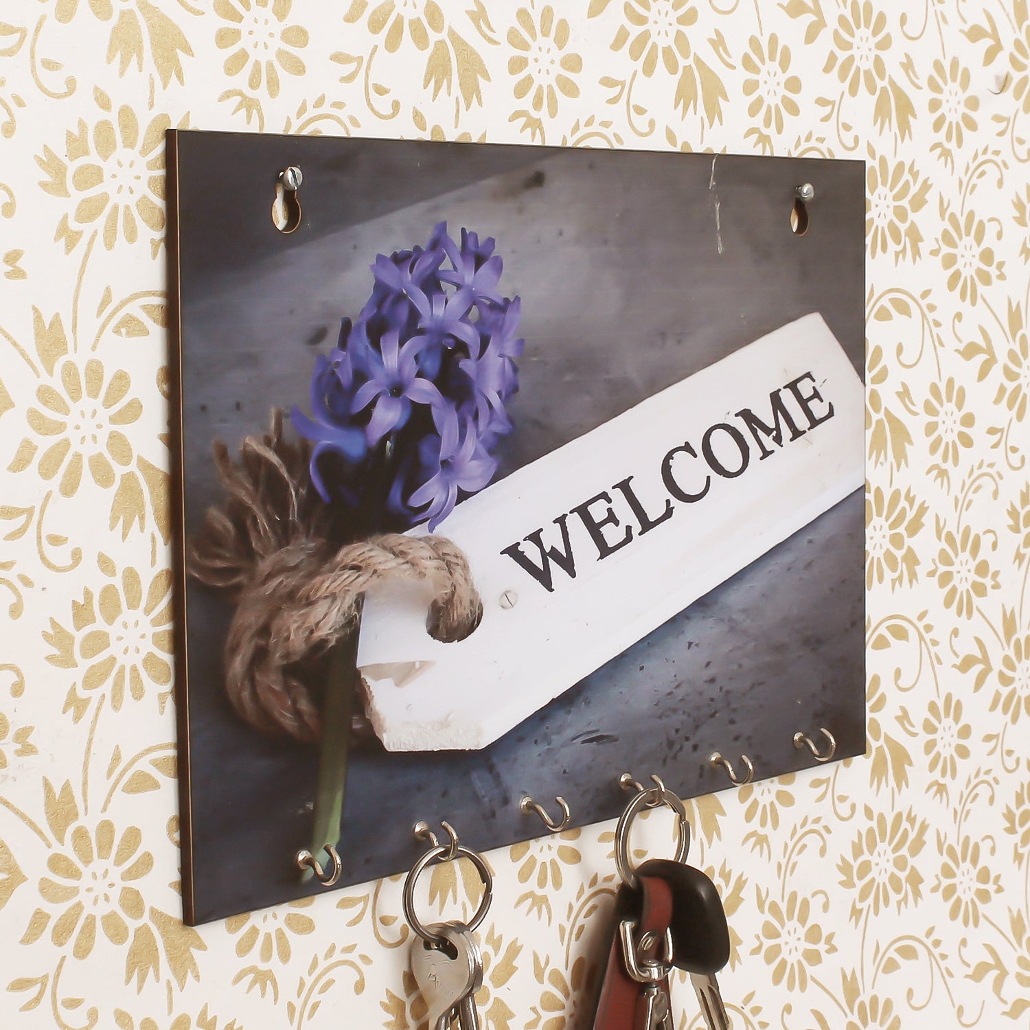 Welcome Theme Wooden Key Holder With 6 Hooks Kafalo