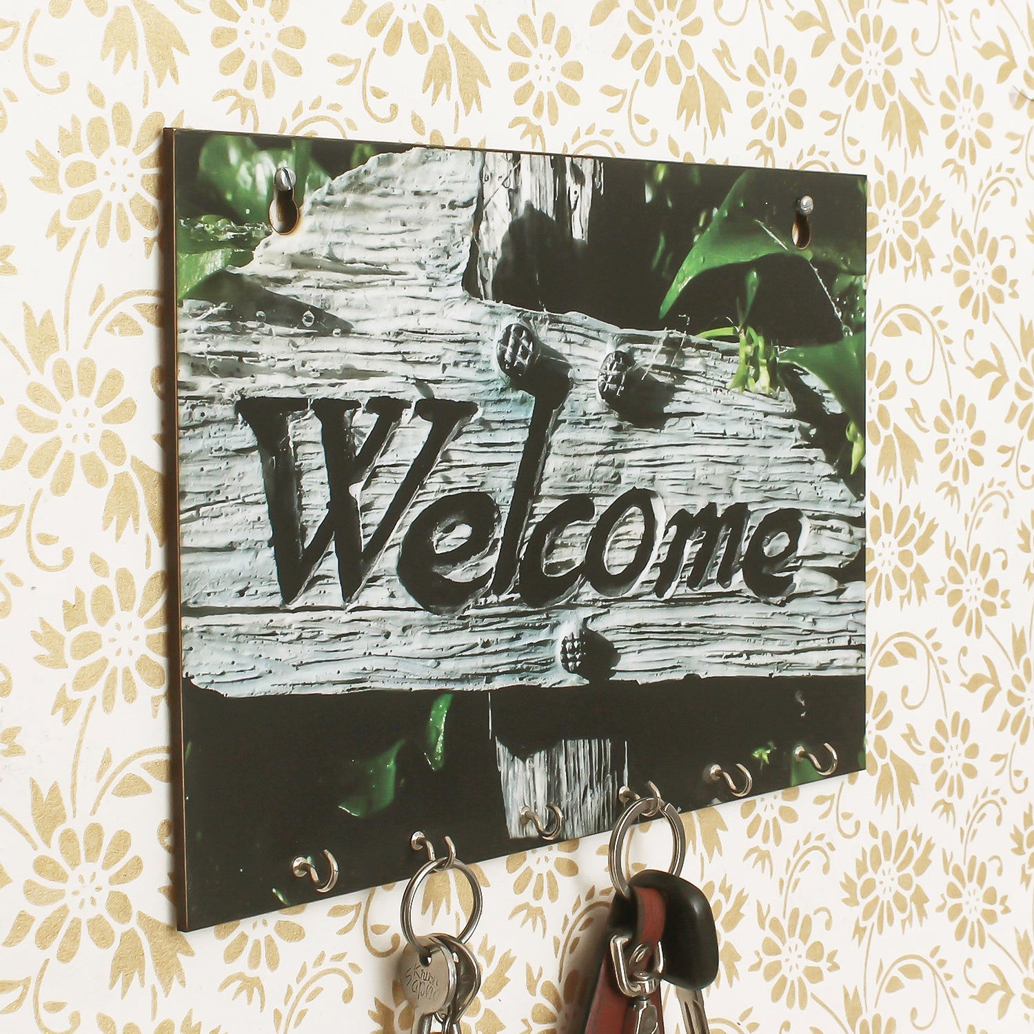 Welcome Theme Wooden Key Holder with 6 Hooks Kafalo