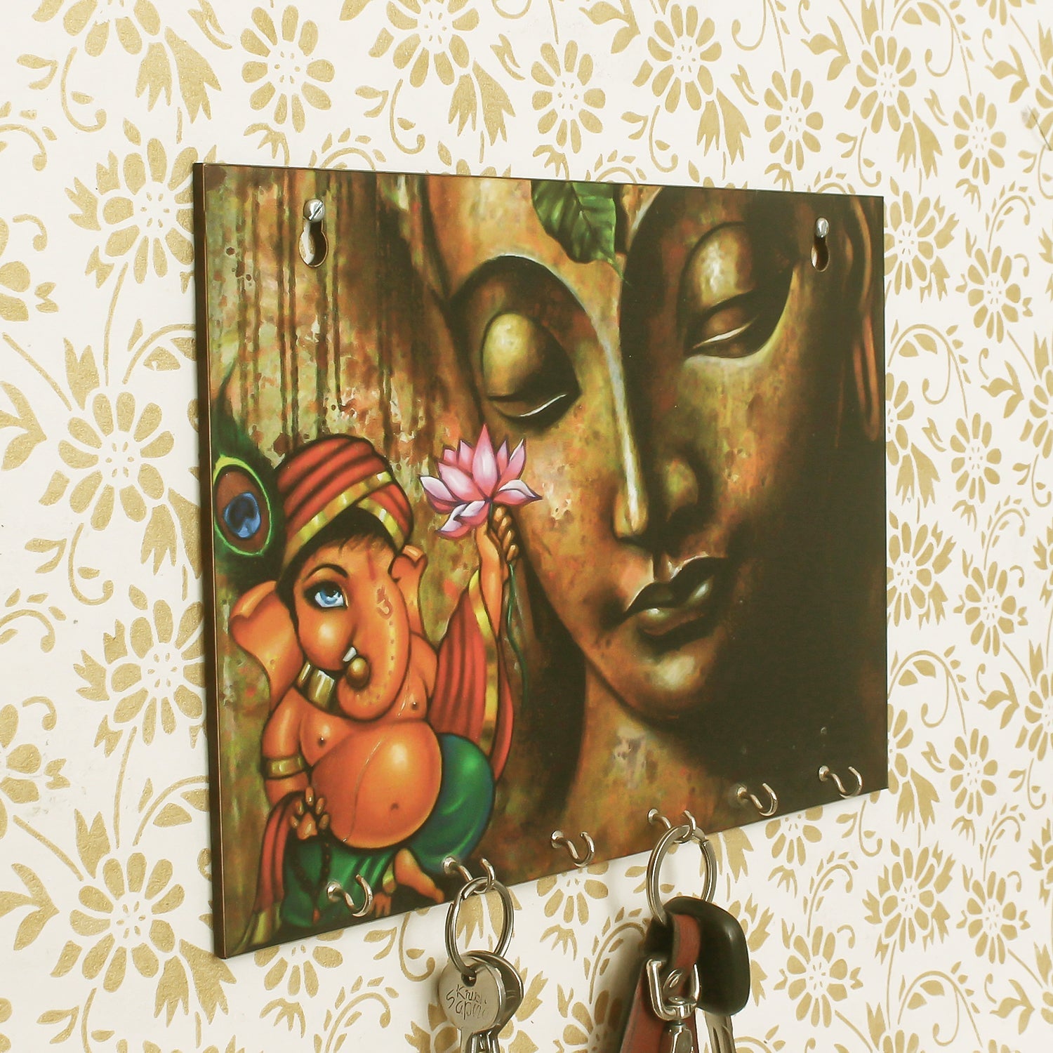 Lord Ganesha Theme Wooden Key Holder with 6 Hooks Kafalo