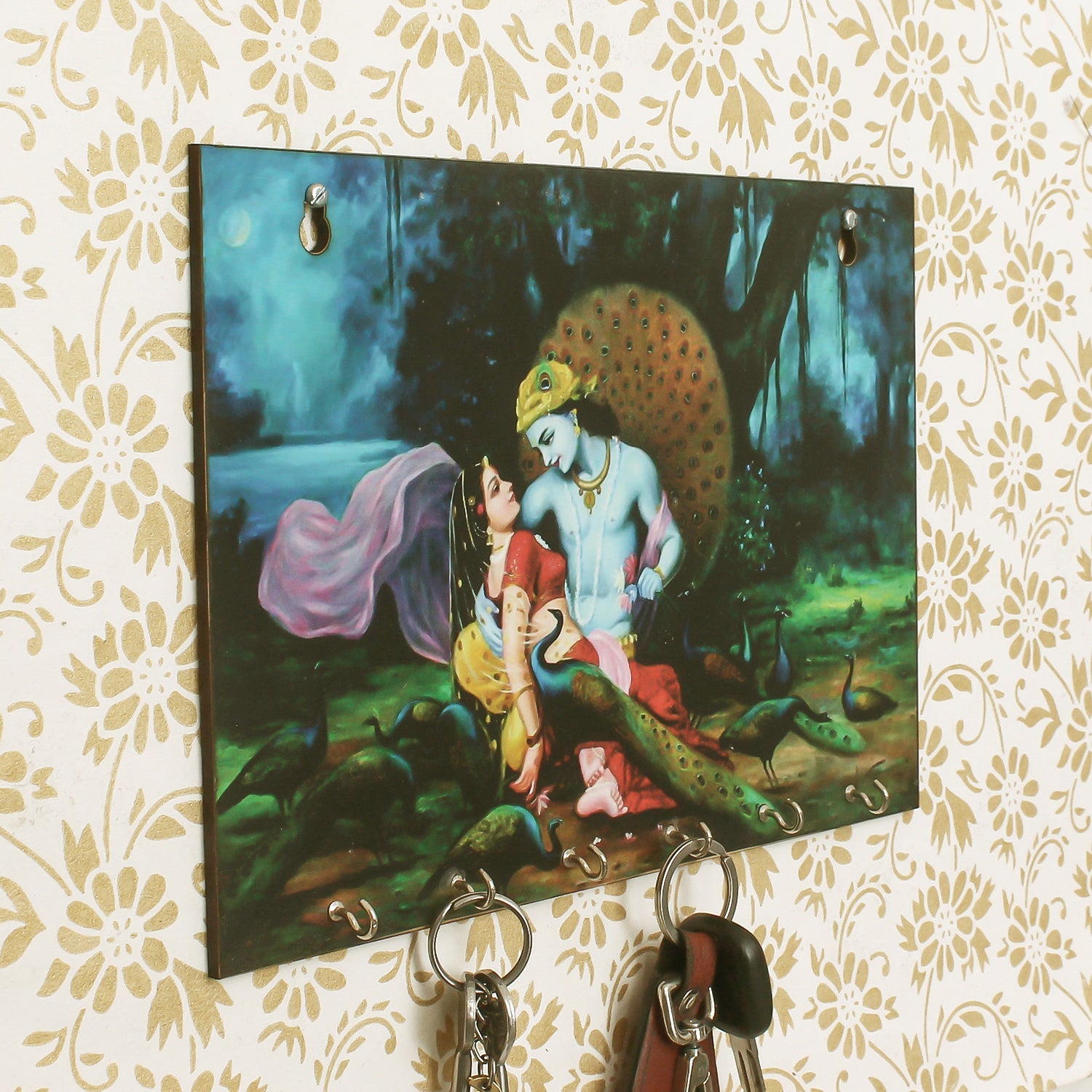 Romantic Radha Krishna Theme Wooden Key Holder With 6 Hooks Kafalo