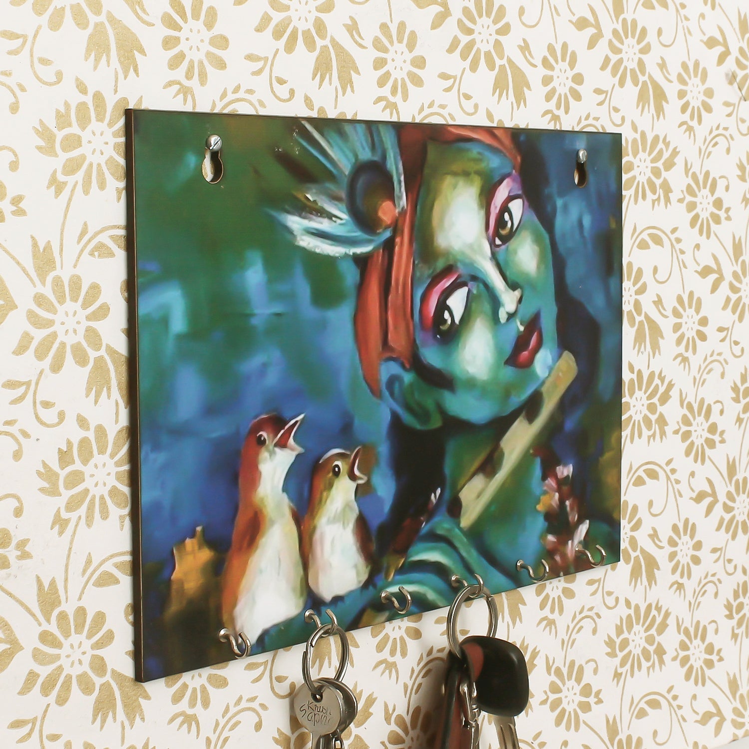 Shree Krishna Theme Wooden Key Holder With 6 Hooks Kafalo