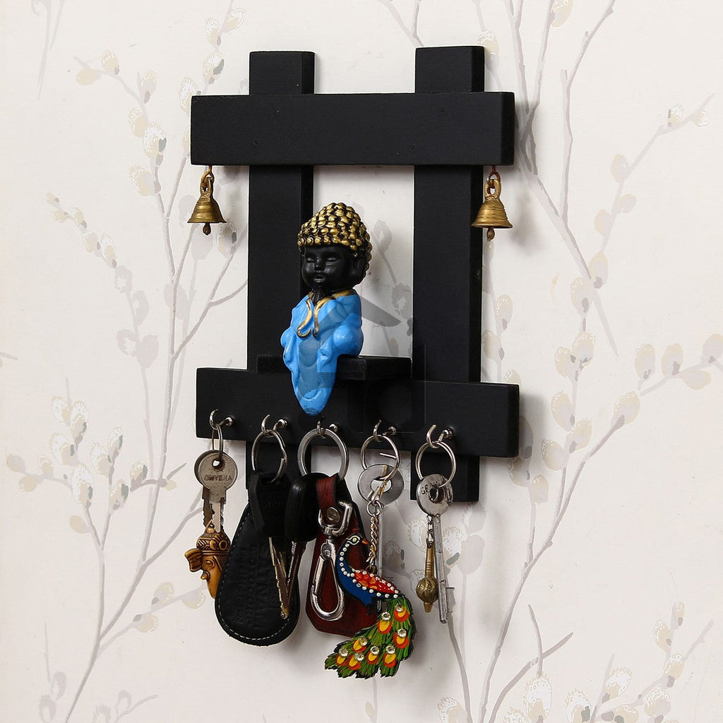 Blue and Black Peaceful Monk Buddha Idol Sitting Wooden Keyholder with 5 Key hooks Kafalo