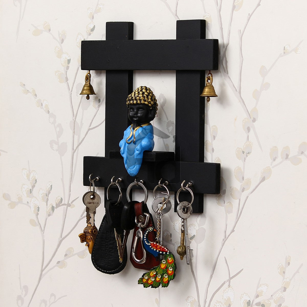 Blue and Black Peaceful Monk Buddha Idol Sitting Wooden Keyholder with 5 Key hooks Kafalo