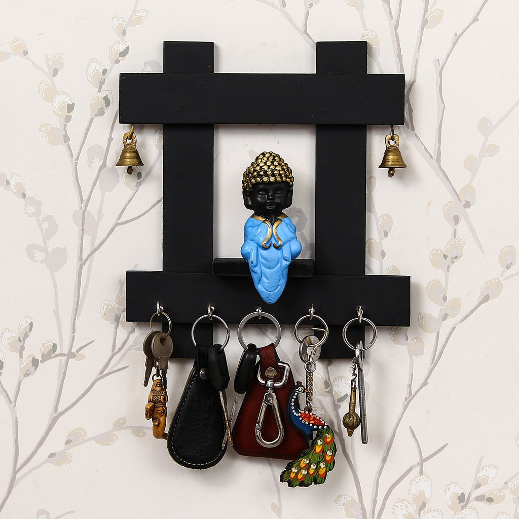 Blue and Black Peaceful Monk Buddha Idol Sitting Wooden Keyholder with 5 Key hooks Kafalo