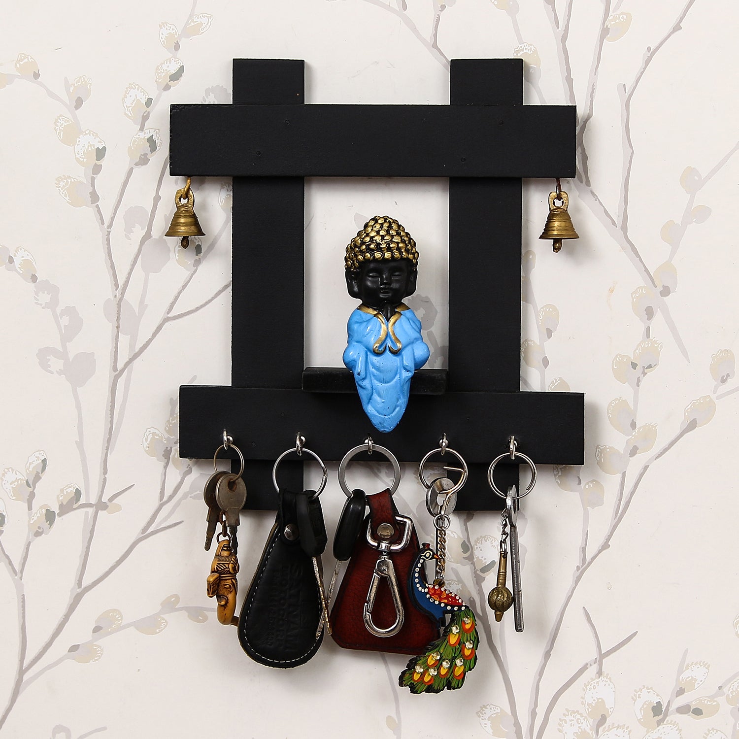 Blue and Black Peaceful Monk Buddha Idol Sitting Wooden Keyholder with 5 Key hooks Kafalo