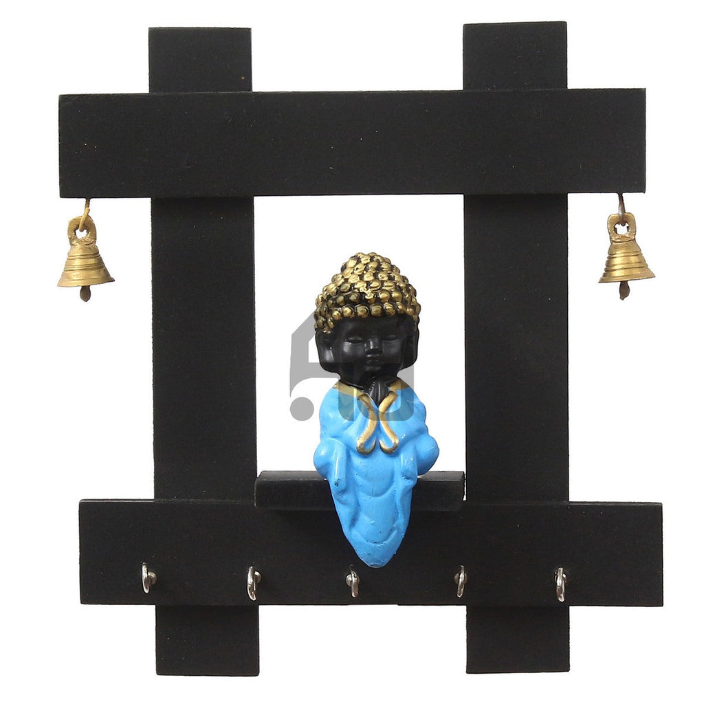 Blue and Black Peaceful Monk Buddha Idol Sitting Wooden Keyholder with 5 Key hooks Kafalo