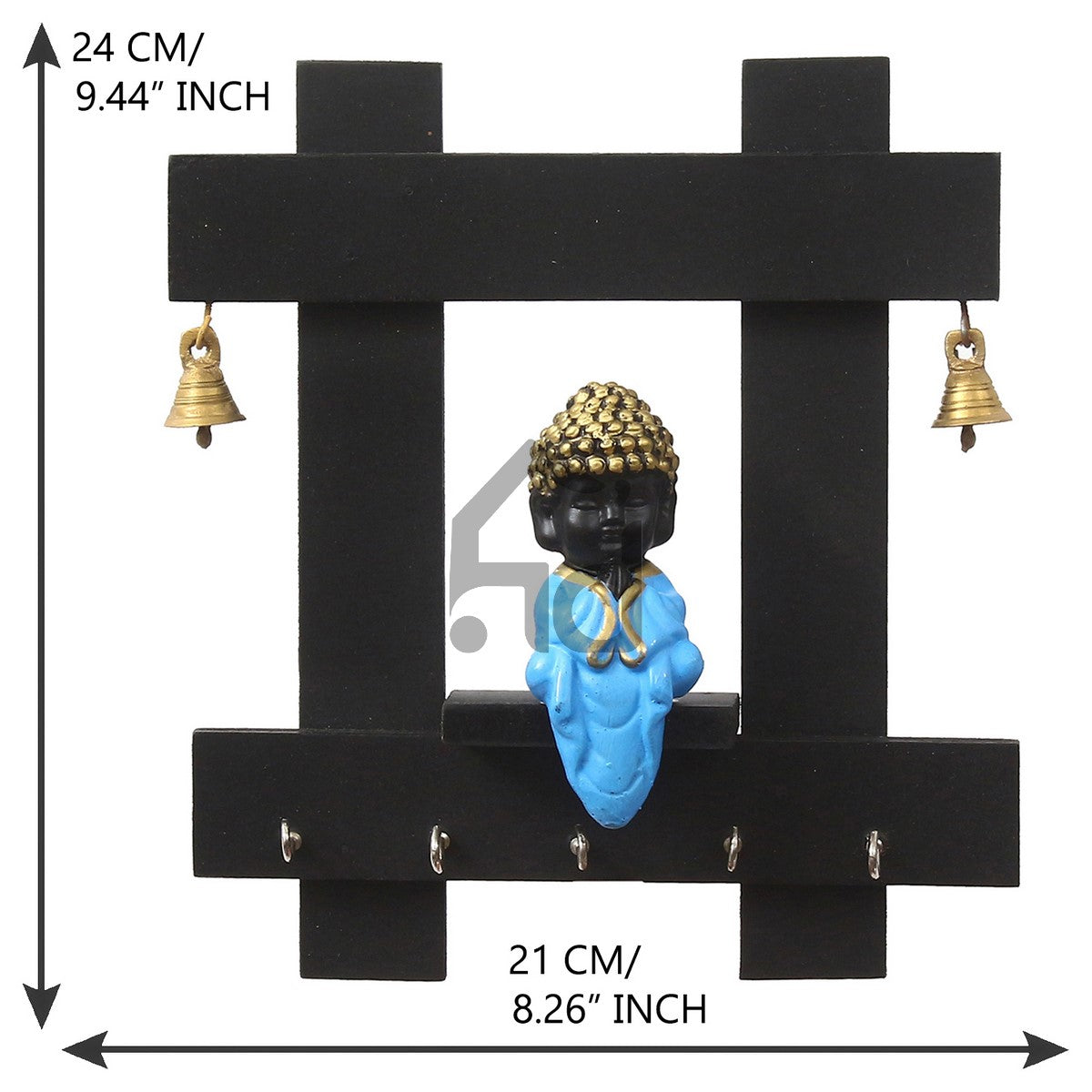 Blue and Black Peaceful Monk Buddha Idol Sitting Wooden Keyholder with 5 Key hooks Kafalo
