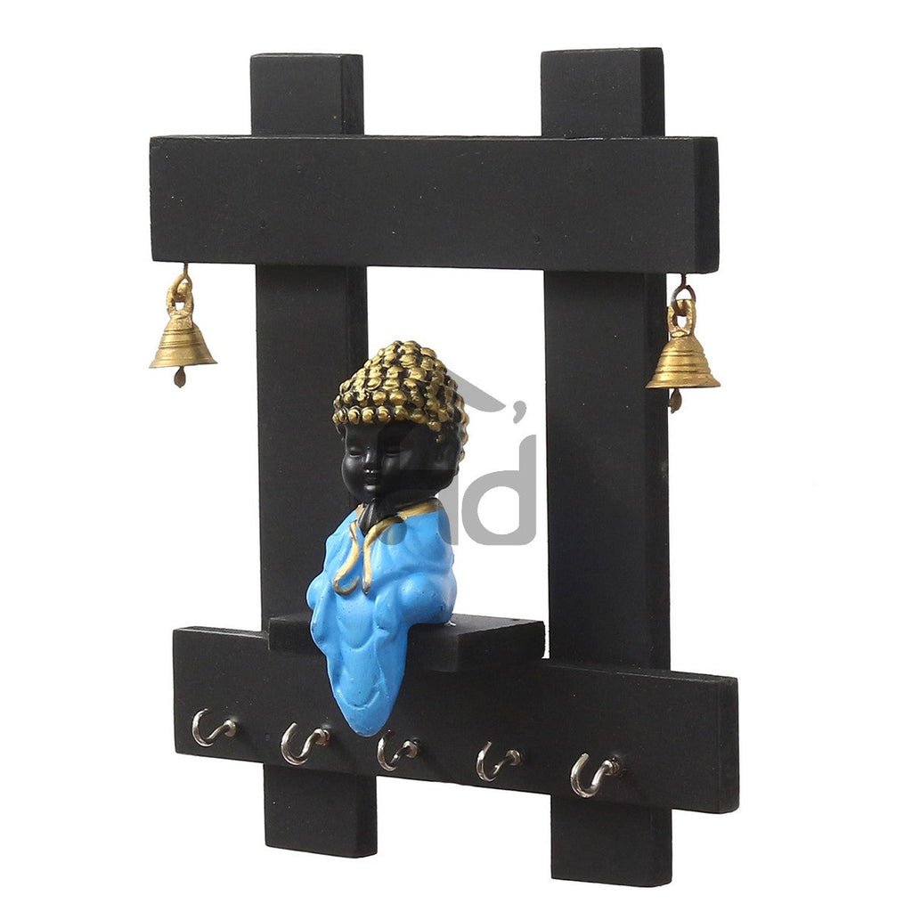 Blue and Black Peaceful Monk Buddha Idol Sitting Wooden Keyholder with 5 Key hooks Kafalo